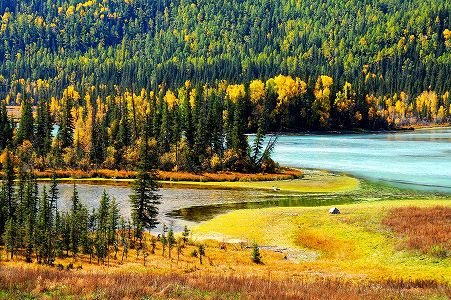 z2901e5d55bee5474735b5a9c1659591a 秋深まりカラフルな景色広がる喀納斯景勝地　新疆維吾爾自治区